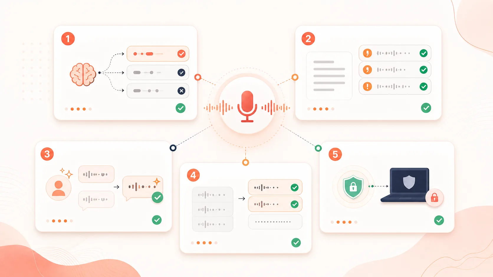 音声入力アプリの日本語精度を5つの評価ポイントで比較する図
